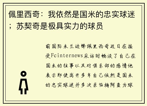 佩里西奇：我依然是国米的忠实球迷；苏契奇是极具实力的球员
